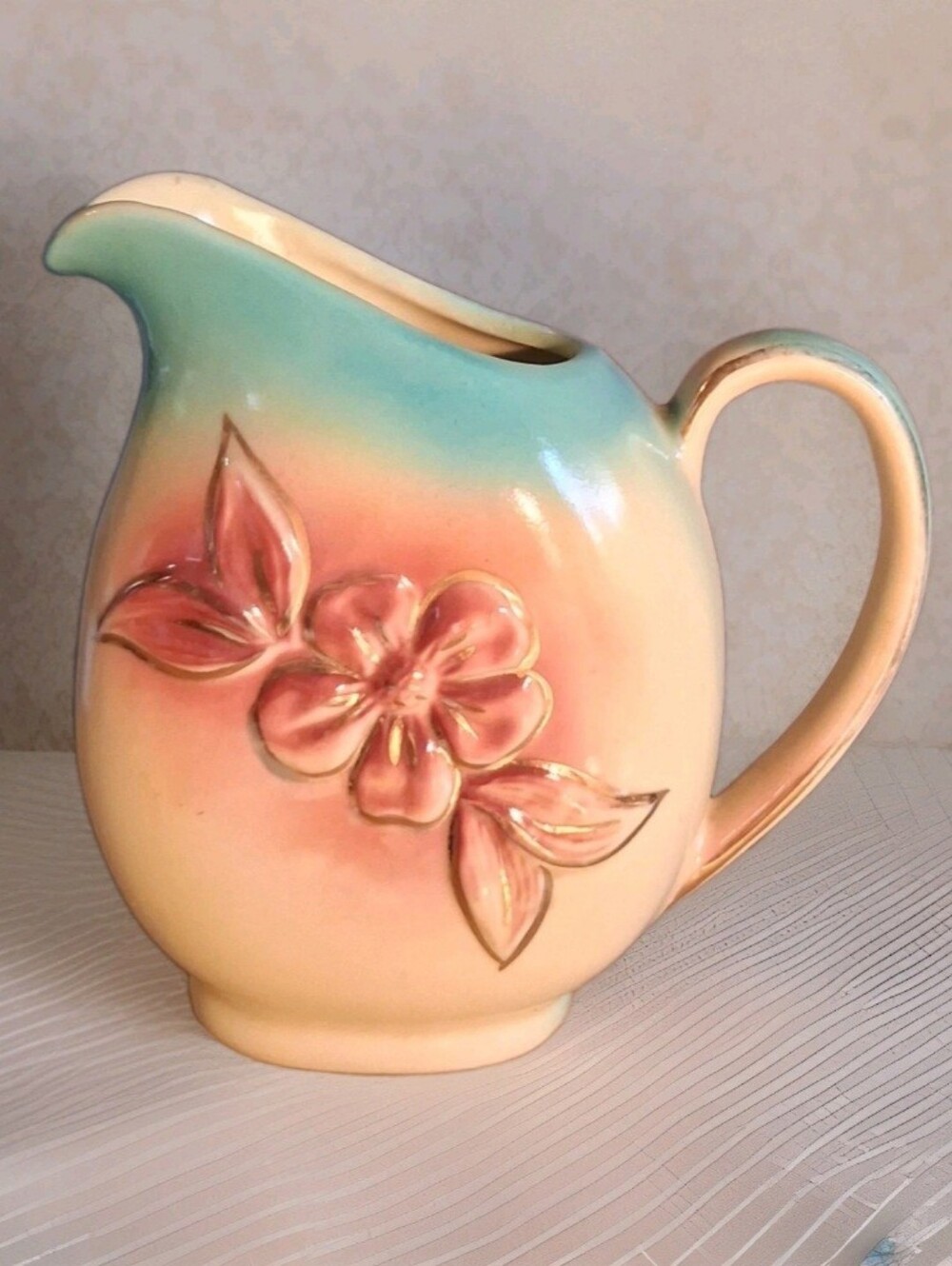 Shawnee Pottery Cream Pitcher 1940's USA #40 Blue With Pink Flowers Gold Trim